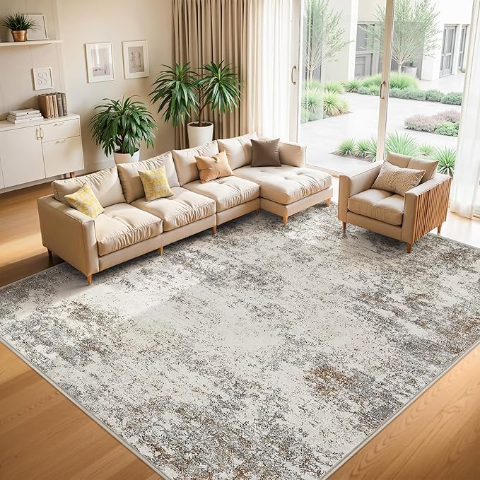 5x7 Washable Area Rugs - Modern Abstract Rugs for Living Room Non-Slip Low Pile Soft Machine Washable Carpet for Bedroom, Dining Room, Nursery, Home Office, Farmhouse (5'x7' Brown Grey)
