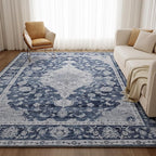 DUKINO 9x12 Area Rugs, Non Slip Distressed Living Room Rugs, Soft Large Washable Area Rugs with Low Pile & No Shedding, Faux Wool Rugs for Bedroom Aesthetic, Dining Room, Blue