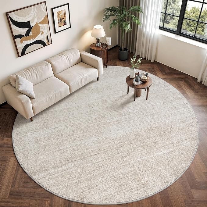 Valenrug Washable Round Area Rugs 6x6 - Stain Resistant 6ft Round Rugs for Living Room, Non Slip Backing Printed Rugs for Bedroom, Folable Machine Washable Area Rug (6ft, Beige)