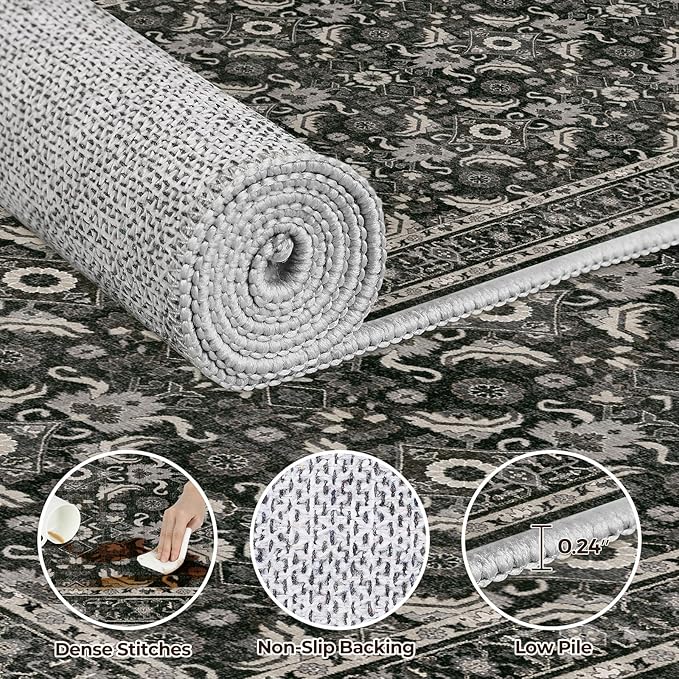 WITSHOCK Black Boho Washable 3x8 Kitchen Runner Rug,Vintage Neutral Hallway Rugs for Entryway,Soft Distressed Floor Mat for Bedroom,Entrance,Indoor Back Door(Black,3x8)
