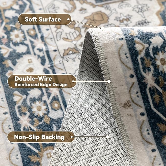 EnHomee 8x10 Area Rugs Washable for Bedroom, Boho Vintage Rugs, Foldable Area Rug for Dining Room, Non-Slip Soft Living Room Rug, Low Pile Large Carpet for Bathroom, Blue and Brown