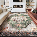 8x10 Area Rug - Green Boho Washable Vintage Low Pile Non-Slip Large Rug for Living Room, Bedroom & Dining Room