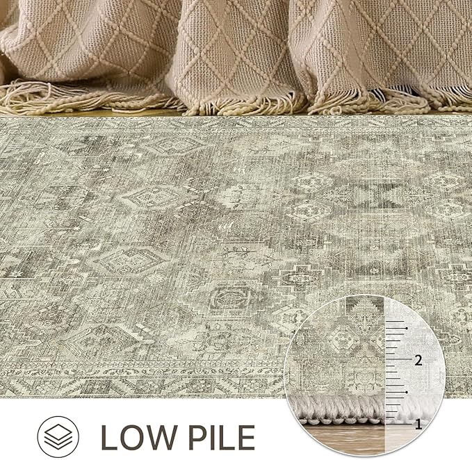 Bavni Runner Rug 2x5, Low Pile Machine Washable Rugs for Hallways, Kitchen, Bedroom, Non Slip Aesthetic Vintage Distressed Print Lightweight Durable Chenille 2x5 Mat, Forgotten Sandstone