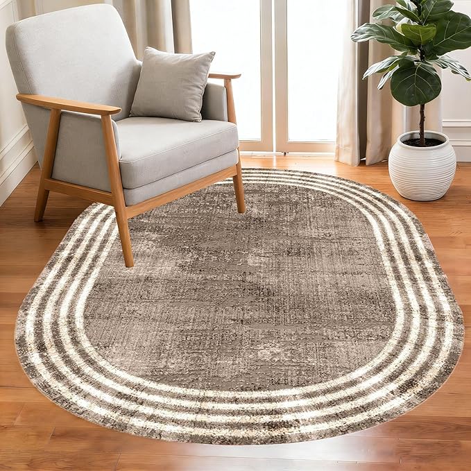 Country Earth Tone Brown Minimalist Distressed Home Office Rugs 2x3 for Living Room Bedroom Diningrooom Machine Washable Soft Thick Area Rug Nursery Dorm Kitchen Oval Geometric Bordered Large Carpet