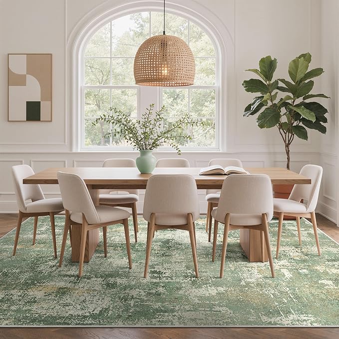 GENIMO Abstract Area Rug 9x12, Washable Large Modern Rug Non Slip, Low Pile Lightweight Soft Carpet for Living Room, Bedroom, Dining Room, Light Green