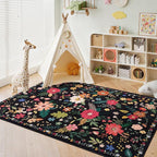 Living Room Rug 6x9 Rug Machine Washable Boho Area Rug Non Slip Floral Vintage Low Pile Large Rugs for Living Room, Bedroom, Farmhouse, Dining Room (Black)