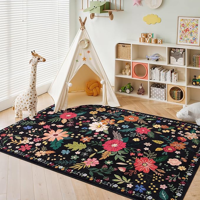 5x7 Washable Rug for Living Room, Floral Black Area Rug, Non Slip Low Pile Soft Flower Carpet, Large Rugs for Bedroom, Dining Room, Office, Kids Playroom, Nursery