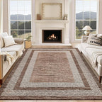GarveeHome Large Washable Rug 9x12 Modern Geometric Non Slip Distressed Bordered Printed Rug, Soft Non Shedding Indoor Carpet, Low Pile Thin Foldable Mats for Open Spaces Offices, Brown