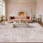 Modern 10x12 Area Rug for Living Room - Large Bedroom Rug Under Bed, Pink and White Distressed Medallion Pattern, Ultra Soft Washable Non Slip Lightweight Thin Foldable