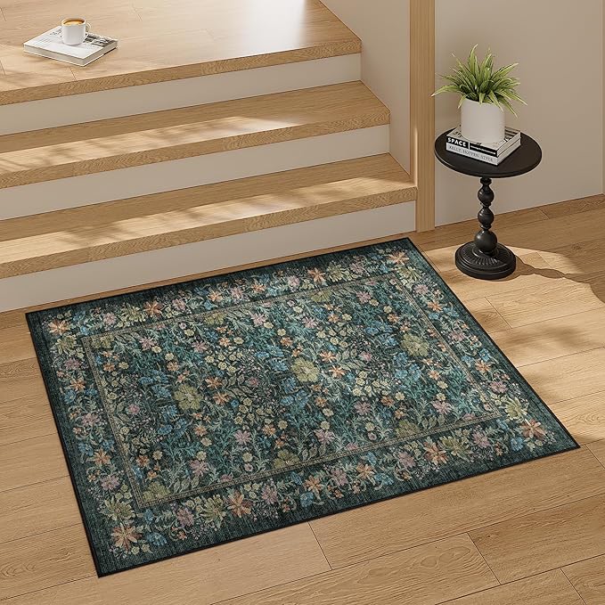DUKINO 2x3 Entryway Rug, Floral Washable Area Rug with Non Slip Indoor Door Mat, Vintage Low Pile Small Front Door Throw Carpet for Kitchen, Entrance, Bathroom, Bedroom, Blue