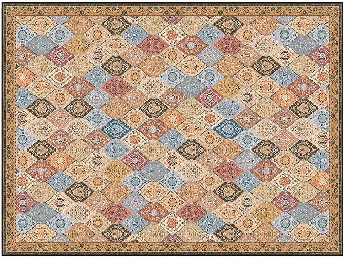 Phantoscope Washable Area Rug 9'x12' Non-Slip, Vintage Boho Rugs for Living Room, Bedroom, Dining Room, Distressed Moroccan Mosaic Diamond Pattern, Low-Pile Foldable Floor Carpet, Terracotta/Rust
