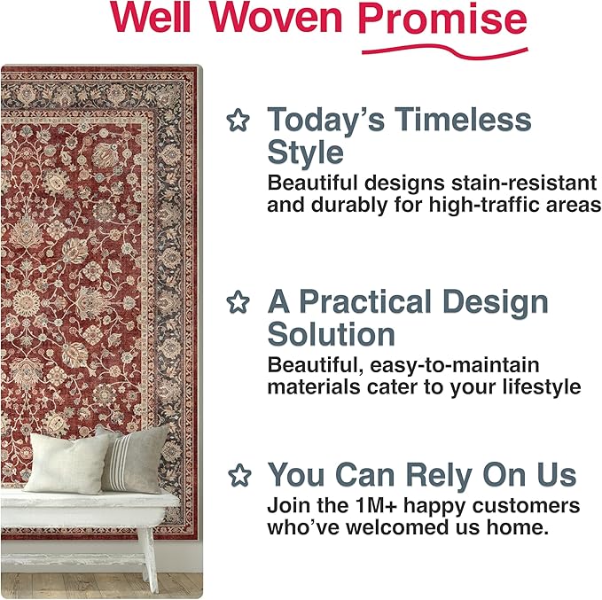 Well Woven Asha Rome Red 6' x 9' Area Rug - Oriental Floral Pattern, Easy Clean, Floor-Friendly Backing - for Living Room, Bedroom, and Dining Room