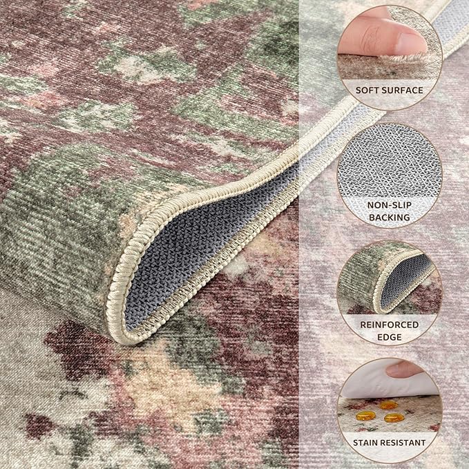 6x9 Area Rug Living Room Rugs - Washable Neutral Modern Abstract Soft Thin Rug Indoor Floor No Slip Rug Carpet for Bedroom Under Dining Table Home Office Decor - Purple/Green/Beige