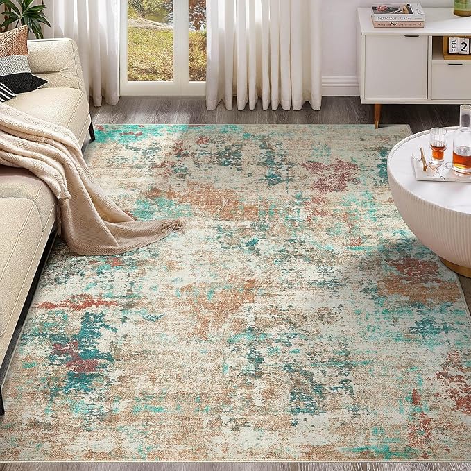 9x12 Christmas Area Rug Living Room Rugs - Washable Neutral Modern Abstract Soft Thin Large Rug Indoor Floor No Slip Rug Carpet for Bedroom Under Dining Table Home Office Decor - Colorful