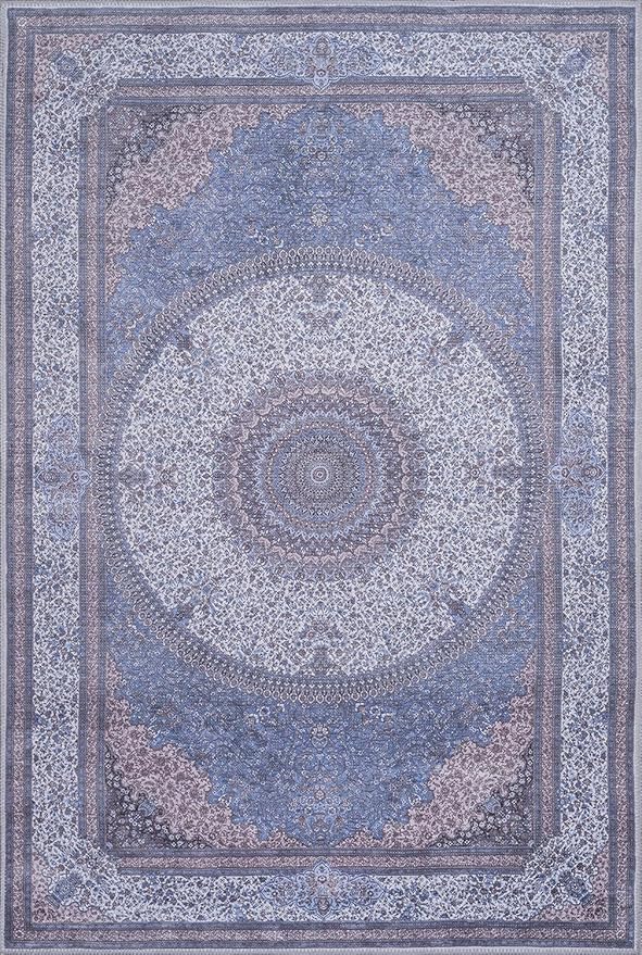GLN Rugs Traditional Collection - Machine Washable Area Rug, Traditional Washable, Non Slip, Low Pile Chenille Rug, Living Room, Bedroom, Kitchen Rug (8' x 10' Navy/Off White)