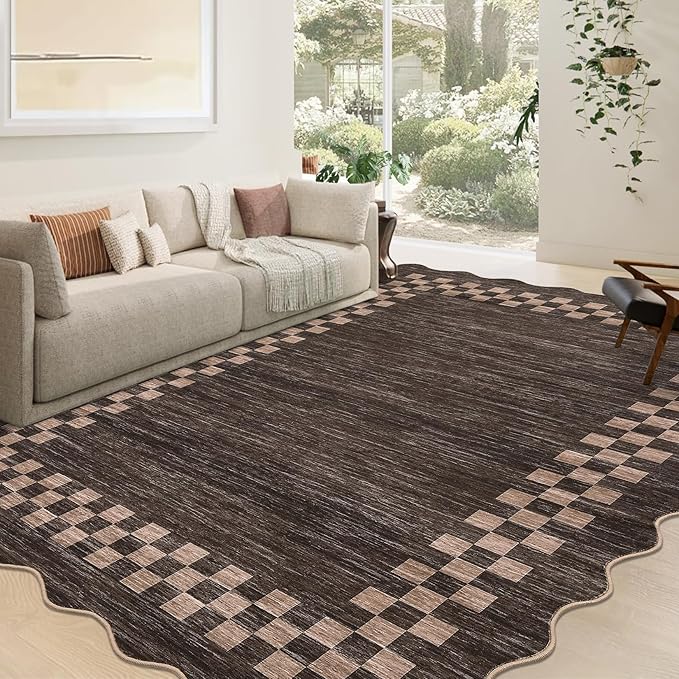GarveeHome 8x10 Area Rug for Living Room Scalloped Washable Large Bedroom Rug Non Slip Stain Resistant Modern Border Dining Room Throw Carpet Scalloped Boho Rug for Home Decor Office Nursery, Brown