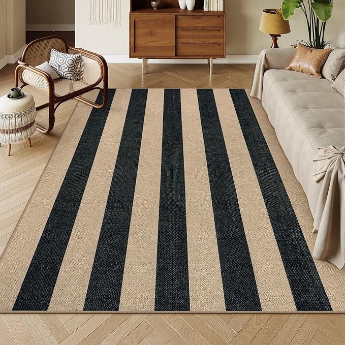 Lahome Striped Easy Jute Dining Room Rug, 6x9 Indoor Outdoor Rugs for Patio Living Room, Farmhouse Neutral Non Slip Low Pile Black Carpet for Bedroom Office Backyard Classroom
