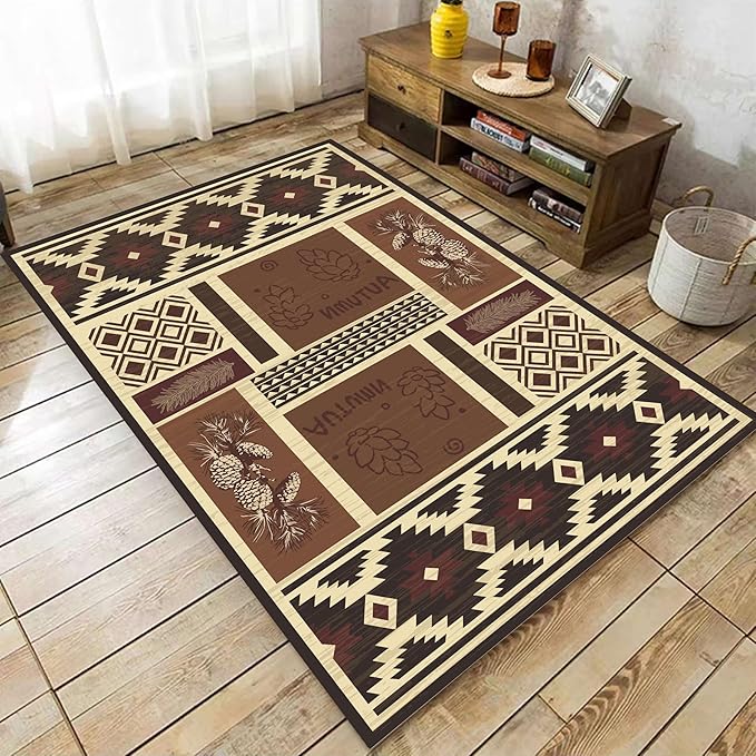UNREASTO Western Area Rugs 5x8ft Vintage Country Southwestern Native Botanical Farmhouse Rug Floor Mats, Rustic Pine Cone Non-Slip Washable Throw Rugs for Hallway Living Room Bedroom Hardwood Floors