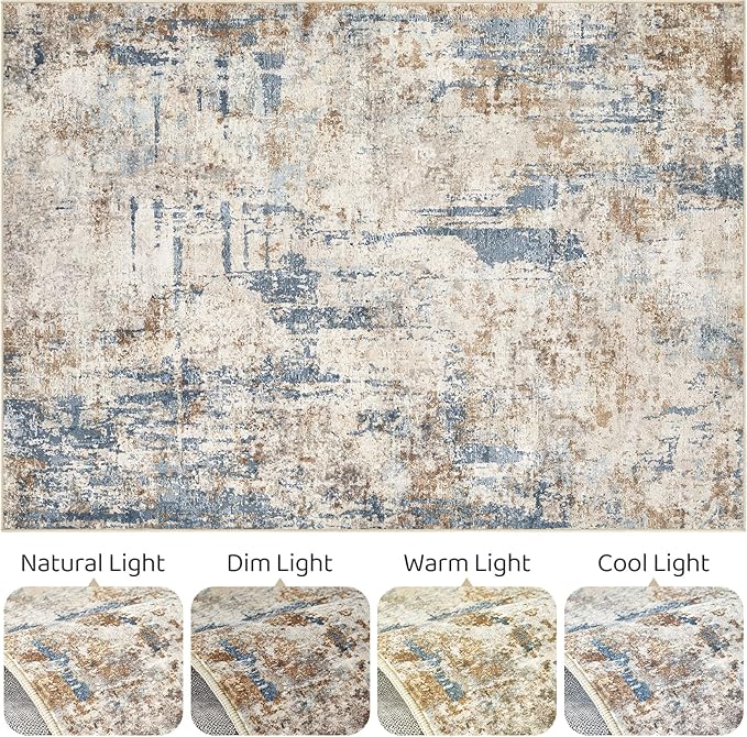 7x10 Area Rug Living Room: Washable Large Abstract Modern Soft Rugs Stain Resistant Indoor Floor Non Slip Accent Carpet for Bedroom Nursery Playroom Office Dining Room Dorm Home House- Tan