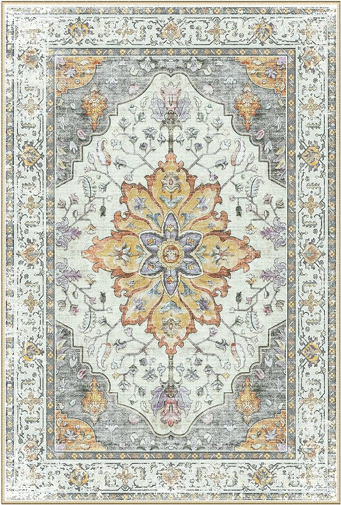 Area Rugs 2'6''x14' Washable Non-Slip, Floral Vintage Distress Print Pattern Medallion Carpet for Living Room Bedroom Dining Room, Light Yellow Carbon Grey Orange