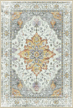 Area Rugs 3'x4' Washable Non-Slip, Floral Vintage Distress Print Pattern Medallion Carpet for Living Room Bedroom Dining Room, Light Yellow Carbon Grey Orange