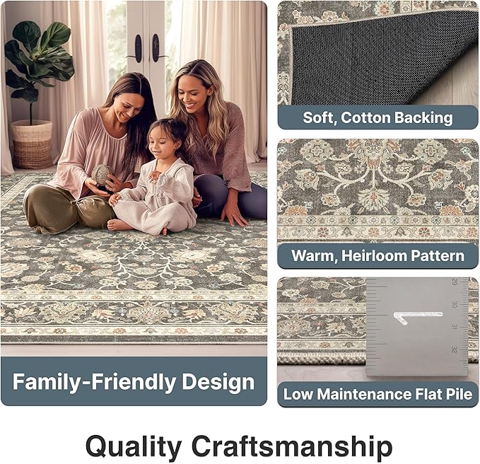 Well Woven Asha Rome Charcoal Brown 3'3" x 5' Area Rug - Oriental Floral Pattern, Easy Clean, Floor-Friendly Backing - for Living Room, Bedroom, and Dining Room