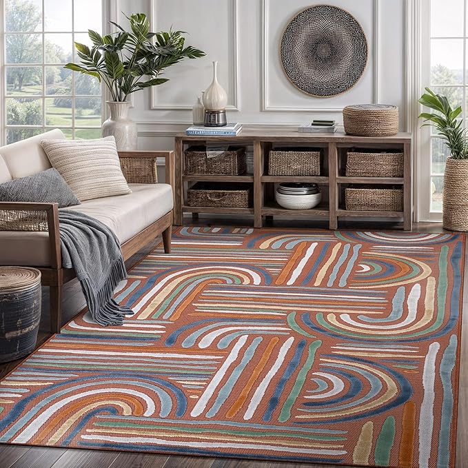CAMILSON Indoor Outdoor Rug, Orange 5x7 Geometric Arch Striped Area Rugs for Patio and Home Areas, Easy-Cleaning Non-Shedding Living Room, Garden and Deck Washable Outside Carpet (5 x 7)