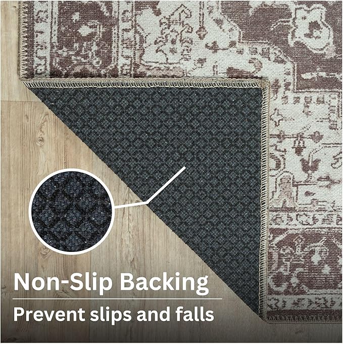Bloom Rugs Washable Non-Slip 10 ft Runner - Dark Brown Traditional Medallion Runner for Entryway, Hallway, Bathroom, and Kitchen - Exact Size: 2.5' x 10'