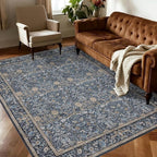 Washable Living Room Rug: 5x7 Boho Floral Soft Area Rug for Bedroom Decor - Vintage Low Pile Thin Carpet for Dining Room Non-Slip - Farmhouse Stain Resistant Rugs - Slate Blue