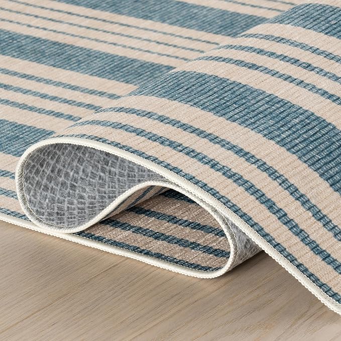 Dash & Albert Talos Blue Machine Washable Rug, 2 X 3 Feet, Blue/Ivory Stripe Pattern