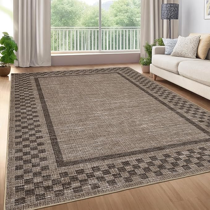 GarveeHome 4x6 Rug Small Washable Living Room Rug Modern Bordered Area Rugs with Rubber Backing Soft Non Slip Low Pile Dining Room Throw Carpet Checkered Geometric Mats for Bedroom Kitchen, Brown