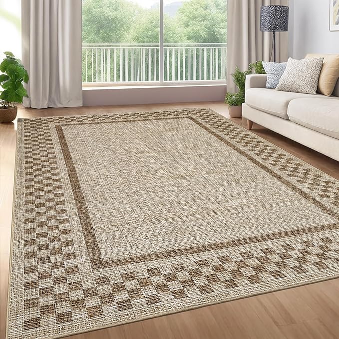 GarveeHome 5x7 Washable Area Rug for Bedroom Living Room Non Slip Modern Bordered Throw Rugs Low Pile Soft Checkered Dining Room Area Rugs Geometric Throw Carpet for Kitchen Nursery Office, Taupe
