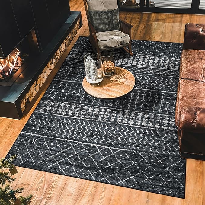 5x7 Machine Washable Area Rug for Living Room, Black Vintage Moroccan Rug Large Non-Slip Low Pile Soft Faux Wool Carpet, Kids and Pets Friendly for Bedroom Dining Room Farmhouse Home Decor Rug