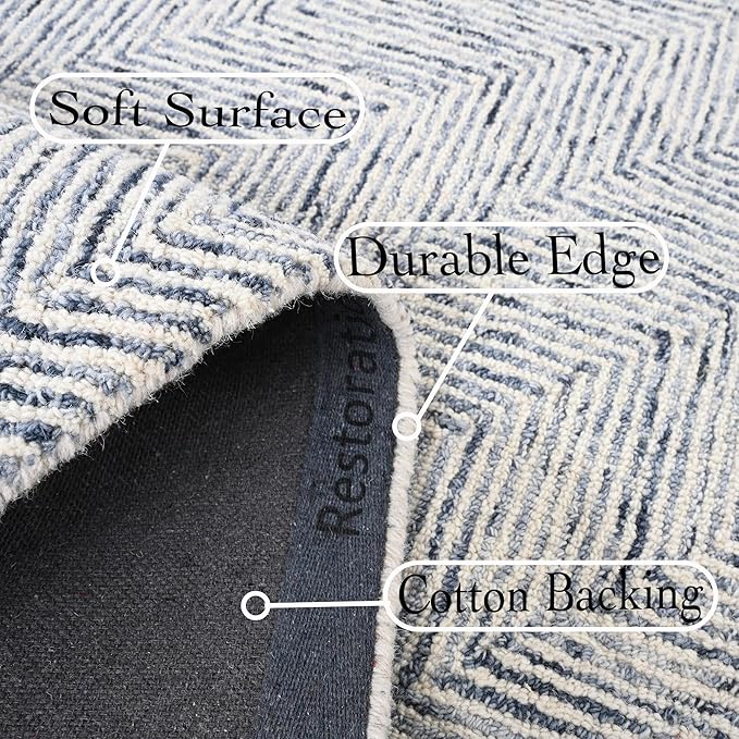 Modern Herringbone Chevron Collection Handcrafted Wool Area Rug - Durable, Zigzag Pattern, for High Traffic, Contemporary Design for Living Room, Bedroom, Dining Room Decor (Denim blue, 5' round)