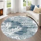 Washable Round Rug 6ft - Blue Tropical Botanical Pattern, Non-Slip Low Pile No Shedding Carpet, Soft Flannel Feel Rug for Living Room, Bedroom, Bathroom，Indoor Use