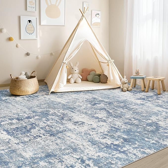 6x9 Area Rug Living Room Rugs - Washable Neutral Modern Abstract Soft Thin Rug Indoor Floor No Slip Rug Carpet for Bedroom Under Dining Table Home Office Decor - Blue White