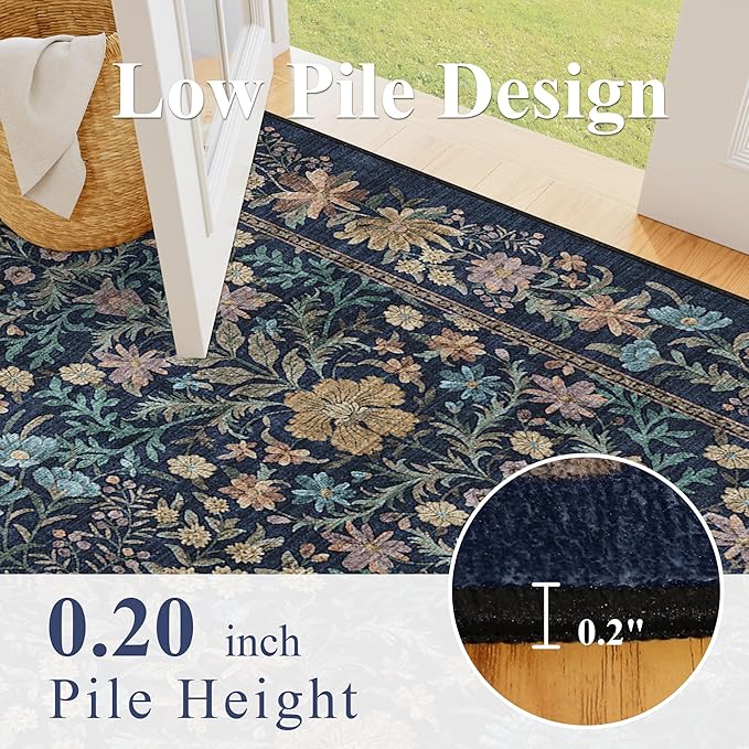 DUKINO 2x4 Rug for Entryway, Lightweight Washable Runner Rug with Non Slip Backing, Vintage Floral Low Pile Small Carpet Runner for Kitchen, Hallway, Entryway, Bathroom, Bedroom, Dark Blue