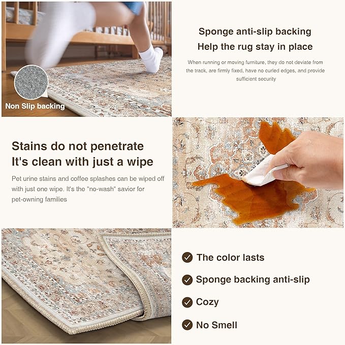 HUGEAR Machine Washable Hallway Runner Rugs 2x6 Vintage Orange Neutral Style Non Slip Stain Resistant Low Pile Throw Carpet for Bedroom Kitchen Retro Aesthetic Modern Decor