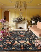 Moynesa Area Rugs 9x12 Black Folk Art Home Decor, Modern Transitional Aesthetic Floral Bird Medallion Carpet for for Living Room Bedroom Dining Room,Non-Slip Washable Floor Protection