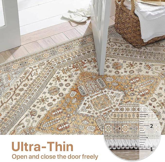 Bavni Runner Rug 2x12 Kitchen Rugs for Hallways Entryway, Washable Vintage Print Carpet, Ultra-Thin Chenille Low Pile Lightweight Rug with Non Slip Backing, Light Tan/Grey