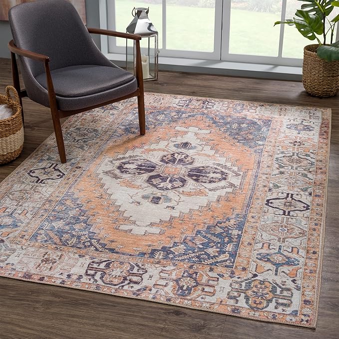 Bloom Rugs Washable 3' x 5' Rug - Orange/Blue/Beige Traditional Area Rug for Living Room, Bedroom, Dining Room, and Kitchen - Exact Size: 3' x 5'