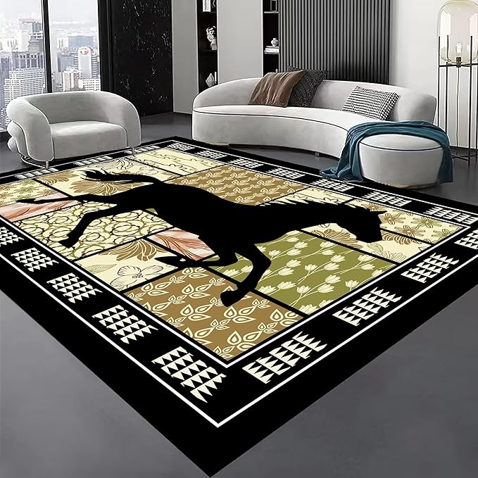 Western Horse Print Rugs 2x3ft,Boho Floral Area Rug, Botanical Print Low Pile Carpet, Stain-Resistant & Machine Washable Non-Slip Mat for Living Room, Bedroom, Dining Room