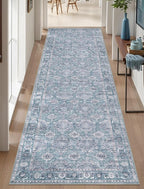 SERISSA Boho Washable Runner Rug, 2'6"x10' Long Non-Slip Vintage Floral Hallway Kitchen Stair Runner Rug Ultra Soft Print Distressed Blue Grey Floor Carpet for Bathroom Laundry Room