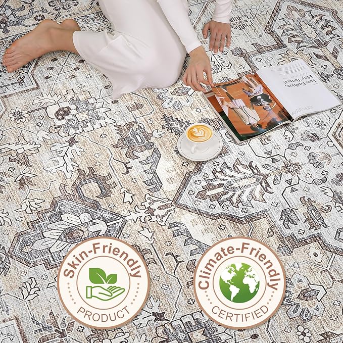 7x9 Area Rug Living Room: Washable Boho Large Neutral Vintage Soft Rugs Stain Resistant Farmhouse Non Slip Indoor Floor Carpet for Bedroom Nursery Kids Playroom Office Dining Room- Ivory Gray