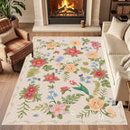 Rustic Flower Area Rug, 4x6ft, Classic Colorful Bohemian Floral Pattern with Beige Large Hall Botanical Rug, Non Slip No Crease Easy Care Girls Room Decor Carpet for Relax Room Bedroom