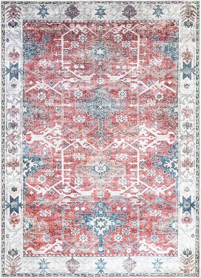 Bloom Rugs Washable Non-Slip 9' x 12' Rug - Red/Blue Traditional Area Rug for Living Room, Bedroom, Dining Room, and Kitchen - Exact Size: 9' x 12'
