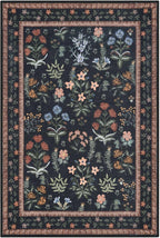 Boho Entryway Rug 2x3 Washable, Black Navy Floral Kitchen Rug, Super Thin Faux Wool Small Area Rug, Non-Slip Soft Carpet for Foyer, Bedroom, Office