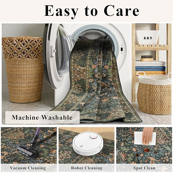 6ft Round Area Rugs for Living Room, Washable Floral Circle Rug Non Slip Low Pile, Vintage Boho Botanical Birds Throw Carpet for Farmhouse, Bedroom, Dining Room, Retro Gold/Green