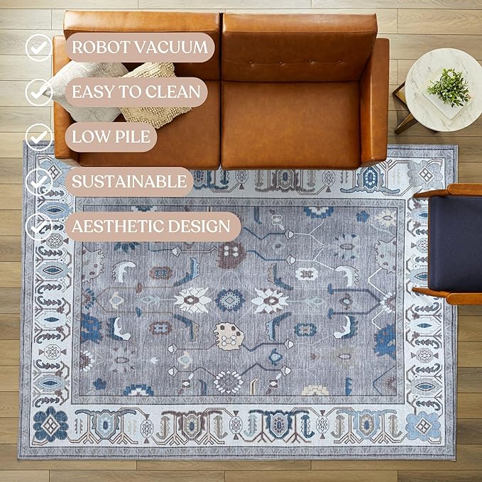 Fame Living Grey Oushak Runner Rug, Modern Runners, Vintage, Turkish, Eclectic, Floral, Pastel, Washable, Runner for Hallway, Kitchen, Bedroom, Bathroom, 2'5"x9'8"