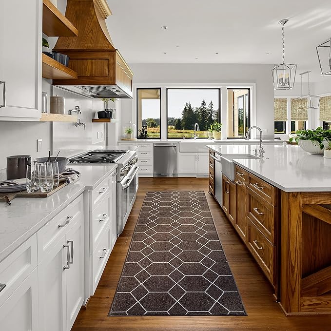 Custom Made Runner Rug for Kitchen Foyer Hallway Entry Choose Your Length Size 26 Inch Wide Geometric Lattice Design Brown Color (16 feet x 26 inch)
